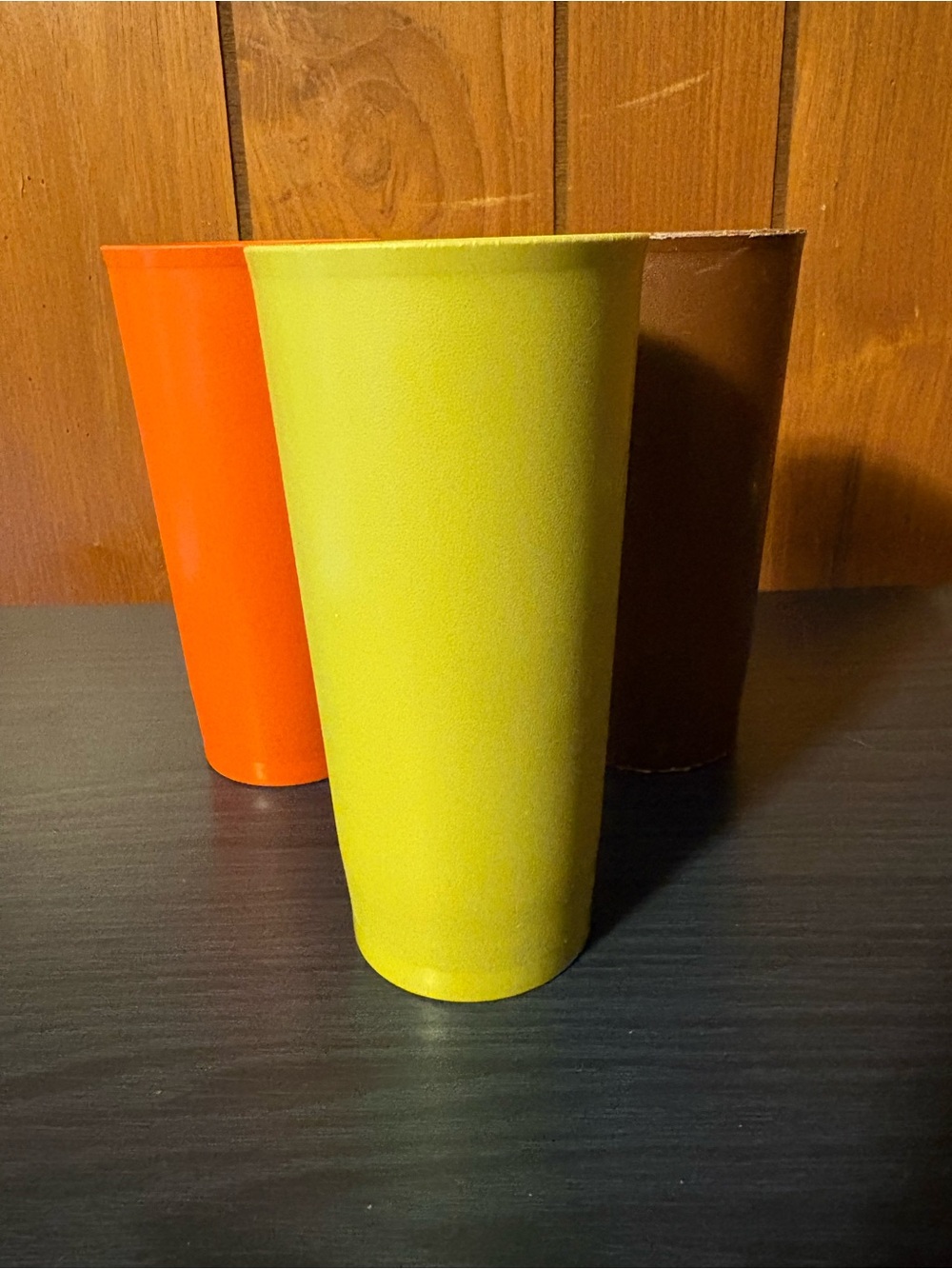 Vtg Tupperware Set of Three Tumblers in Lime Green, Orange, and Brown
